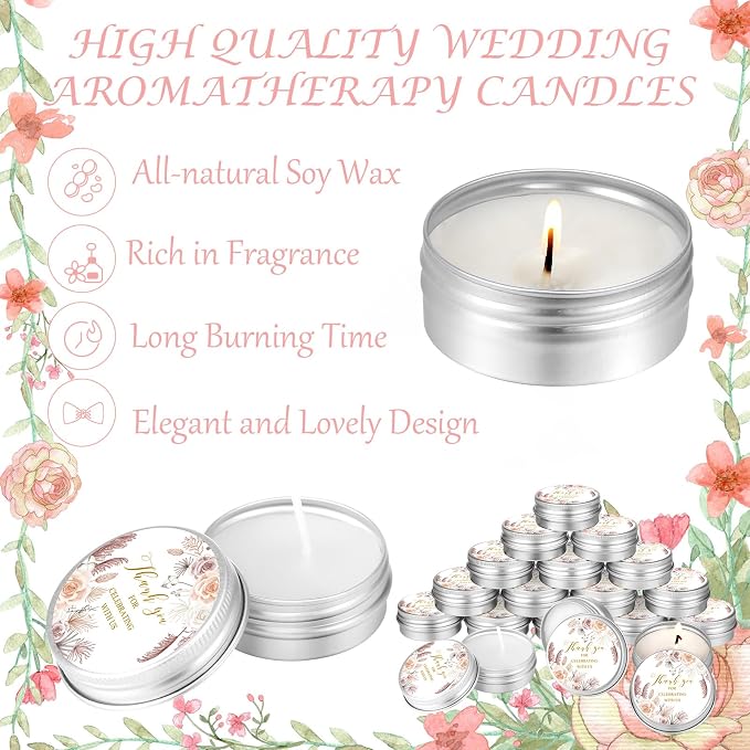 MTLEE 50 Pcs Boho Beige Floral Wedding Candles Gift Favors for Guests 1 Oz Lavender Scented Soy Wax Aromatherapy Candle Favors for Bridal Shower Rustic Wedding Party Guests(Vivid Flower)