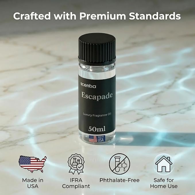 Scentia Escapade Hotel Scent Diffuser Oil – Luxury Fragrance Inspired by 5-Star Resort – 50 mL – Jasmine, Bergamot & Marine Essential Oil Blend for Home, Office & Aromatherapy Diffusers, Made in USA