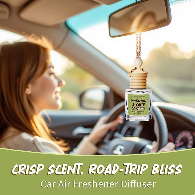 RAINBOW ABBY Hanging Car Air Freshener Diffuser 2 Pack - Pistachio & Salty Caramel Fragrance Oil, 45+ Days Long Lasting, Essential Oil Diffuser for Car