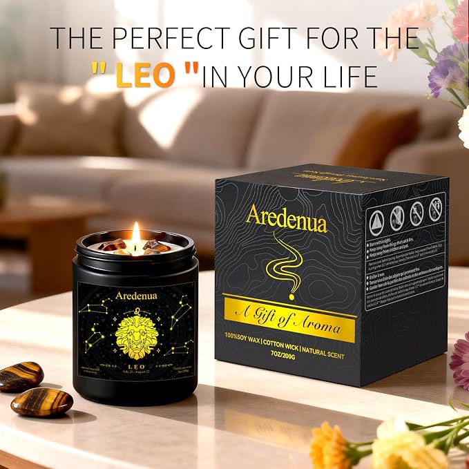 Leo Zodiac Candle | Astrology Birthday Gift for Women Healing Crystal Candles with Tiger Eye Crystals - Soy Candle, 7oz 50 Hour Burn, Spiritual Gift for Women, July August Birthday Candle