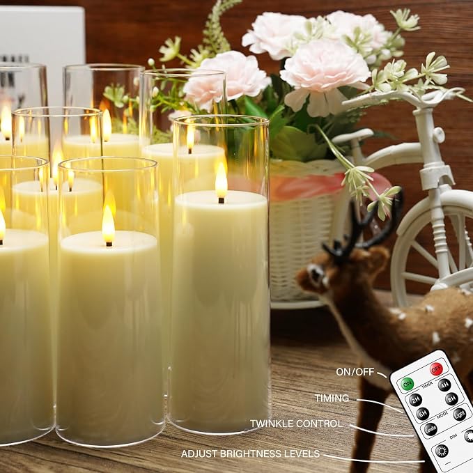 kakoya Flickering Flameless Candles Battery Operated with Remote and 2/4/6/8 H Timer Plexiglass Led Pillar Candles Pack of 9(D 2.3"xH 5.5"6.5"7.5")with Realistic 3D Wick Candles for Home Decor(Ivory)