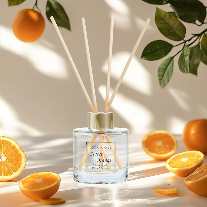200ml Scent Diffuser with 6 Fiber Sticks, 6.76 oz Reed Diffuser Set Aromatherapy Fragrance Diffusers Air Fresheners for Home Bedroom Bathroom (Orange Peach)