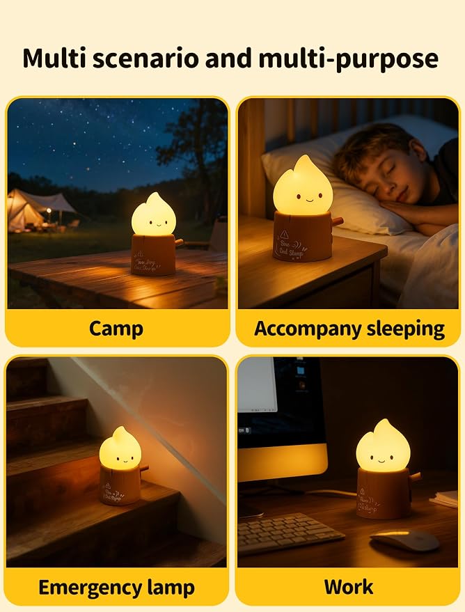 Stump Fire Night Light, Flameless Candles Lamp, Rechargeable Silicone Flame lamp, Portable Campfire Light, Cute Night Light for Bedroom, Outdoor, Camp, Funny Gifts for Kids Teens Adults