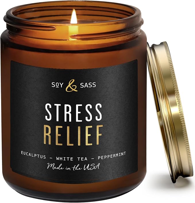 Stress Relief Candle I Relaxing Scented Black Candles for Men or Women w/Spearmint, White Tea & Eucalyptus Candle - Infused w/Essential Oils | Long 50Hr Burn,9oz I Non Toxic Aromatherapy I Made in USA