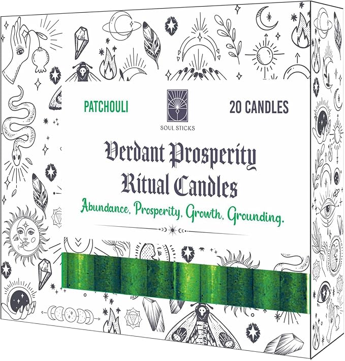 SOUL STICKS 4" Scented Ritual Candles Chime Taper Premium Candles 20 pcs for Rituals, Ceremonies, Meditation, Altar and Spells (Green/Patchouli)