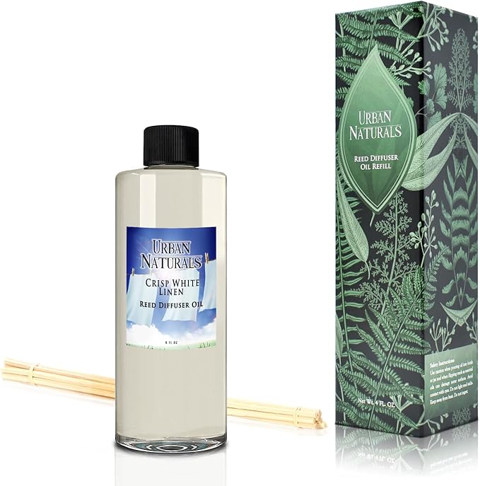 Urban Naturals Reed Diffuser Oil Refill Crisp White Linen with Fresh Linen, Clean Breeze, Soft Cotton 8 oz + Free Reed Sticks, Made in the USA