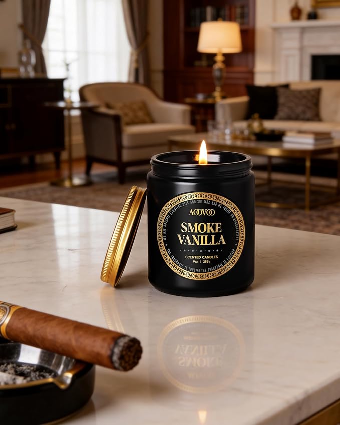 AOOVOO Scented Candles for Men - Smoke & Vanilla Candles for Home Scented | Soy Candles | Strong Fragranced Masculine Black Candle Gift for Women & Men, 9oz