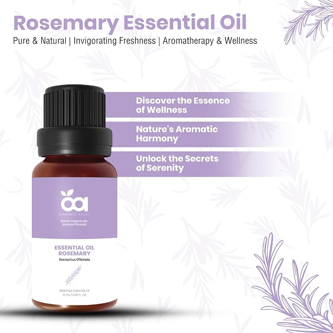 Rosemary Essential Oil by Organic Alley | 100% Pure Rosmarinus Officinalis Oil, Therapeutic Grade | Aromatherapy Essential Oil for Clarity & Focus (0.33 Fl Oz)