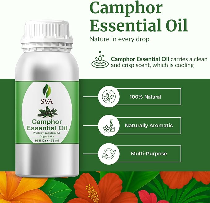 SVA Camphor Essential Oil – 16 Fl Oz – 100% Natural Camphor Oil - for Diffuser, Hair Care, Face, Skin Care, Aromatherapy, Scalp and Body Massage, Soap and Candle Making