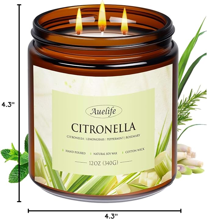 Auelife Scented Candles, 12oz Large 3-Wick Candle for Home Patio Camping & Garden, Natural Soy Wax Citronella Candle for Summer Gift, Long Lasting for Indoor Home Scented, 50+ Hour Burn
