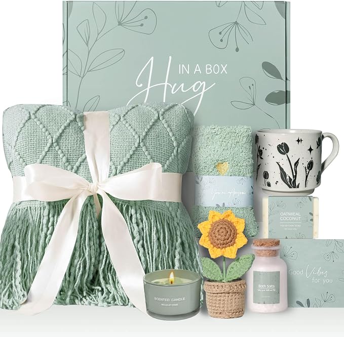 Get Well Soon Gift Baskets for Women, Self Care Spa Package with Knit Blanket & Crochet Sunflower, Thinking of You Sympathy Care Package for Mom Grandma Wife