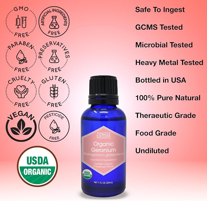 Organic, Geranium Essential Oil, Food Grade, for Skin – 100% Pure, Geranium Oil, by Zongle Therapeutics, 1 OZ