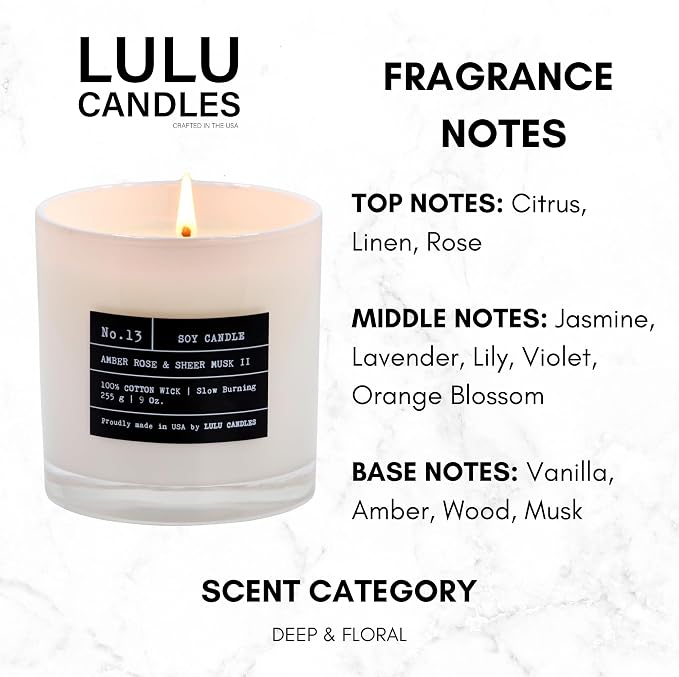 Lulu Candles | Amber, Rose & Sheer Musk II | Luxury Scented Soy Jar Candle | Hand Poured in The USA | Highly Scented & Long Lasting- 9 Oz. 2 Pack