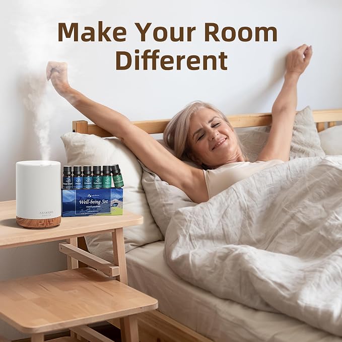 ASAKUKI Essential Oil Diffuser for Home, 300 ml Aromatherapy Diffuser with 6 Essential Oil Sets, Automatic Shut-Off, 7 LED Lights for Living Room, Kitchen, Bedroom, Hotel - Brown with Oils