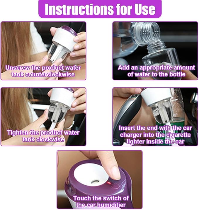 Car Humidifier, Portable Mini Aromatherapy Essential Oil Diffuser, 360-Degree Rotation Cool Mist Humidifier, Vehicle Air Freshener Diffuser with 12V Charging Port for Home Office (Purple)