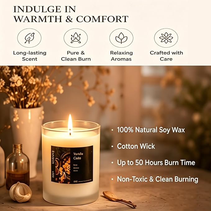 Natural Soy Wax Vanilla Cake Candle, 50 Hour Clean Burning Gourmand Aromatherapy Candle for Relaxation, Home, Spa, Yoga, Bedroom & Holiday Gifts Sweet Gourmand Aromatherapy Candle
