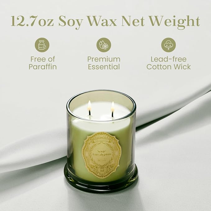 M&SENSE Sage Eucalyptus Candles for Home Scented, 2 Wick 12.7oz Soy Wax Candles 70 Hours Long Burning,Non Toxic Candles Gift for Stress Relief, Meditation, Yoga