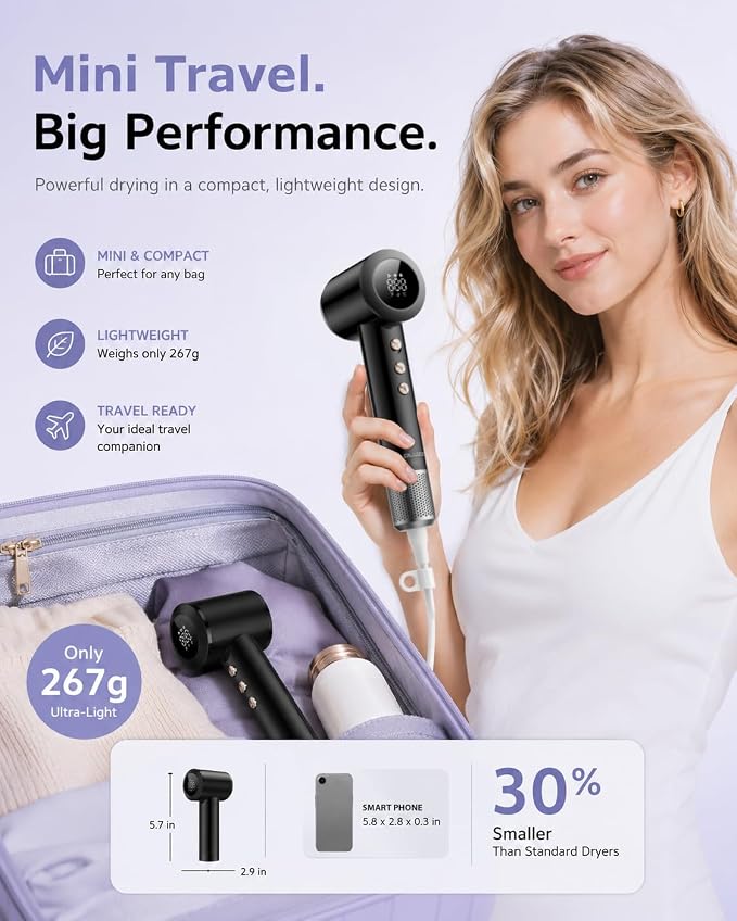 Mini Hair Dryer, Ultra Lightweight 267g Compact Travel Hair Dryer, Ionic Blow Dryer with 500M Negative Ions & NTC Heat Control, 110,000 RPM Brushless Motor High Speed Hair Dryers