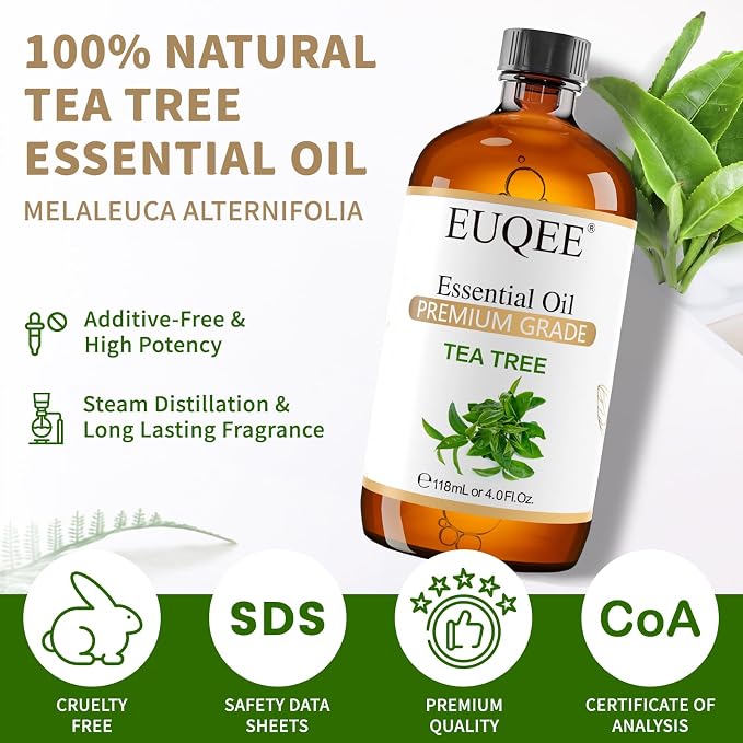 EUQEE Tea Tree Essential Oil 4Fl.Oz Pure Tea Tree Oil with Glass Dropper for Aromatherapy, Diffuser, Soap Making, DIY Soap - 118ml