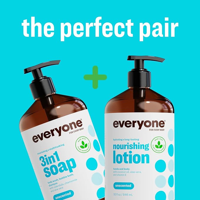 Everyone 3-in-1 Soap,Body Wash,Bubble Bath,Shampoo,32 Ounce,Unscented,made for Men and Women,(Pack of 4)