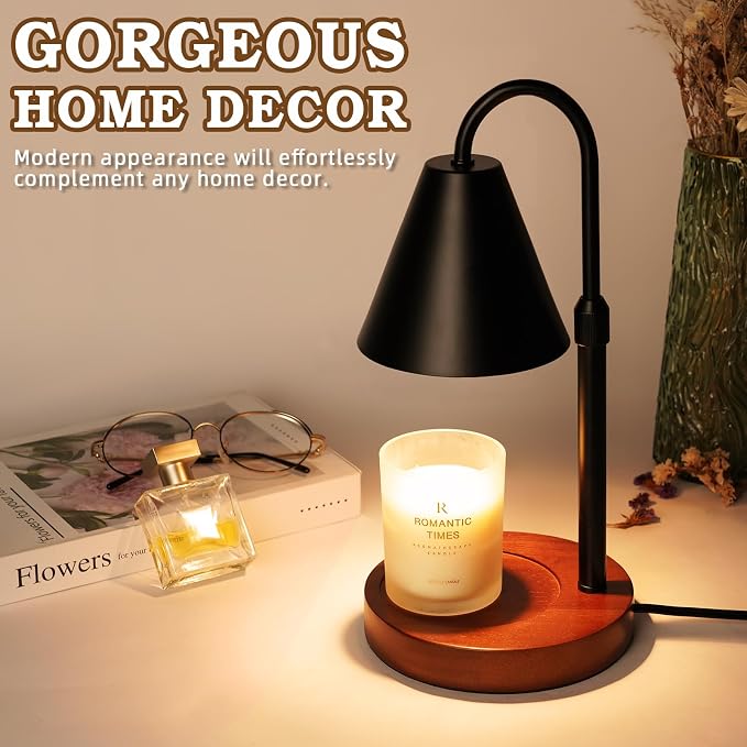 Candle Warmer Lamp with Timer Dimmable,Mothers Day Birthday Gifts for Women Mom, Adiustable Height Modern Candle Warmer Black Candle Lamp for Jar Candle, Home Decor Vintage Wax Warmer with 2 Bulbs
