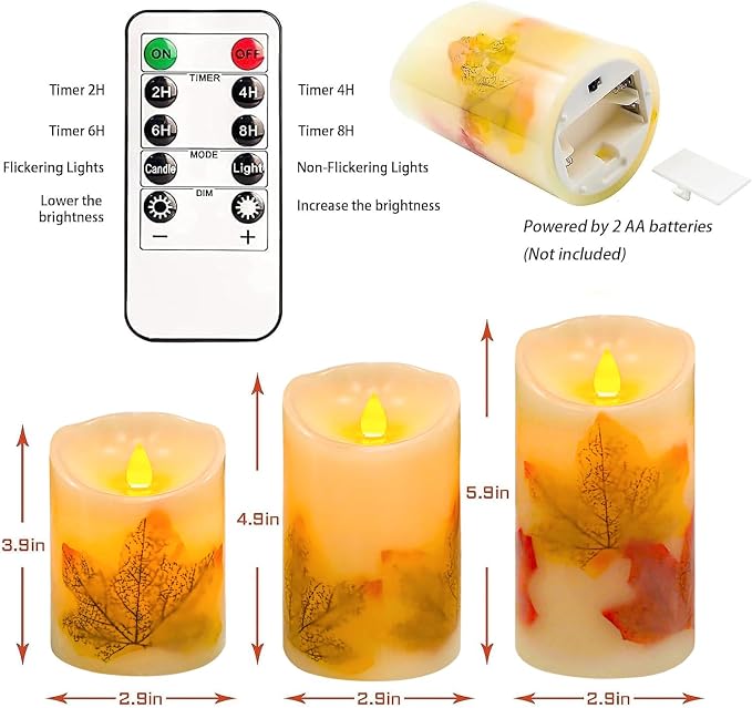 Flameless Candles Lights,Set of 3 Maple Leaf Flickering LED Candles with Remote & Timer, Dimmable LED Pillar Candles Battery Operated, Electric Candles for Thanksgiving Halloween Fall Harvest Decor