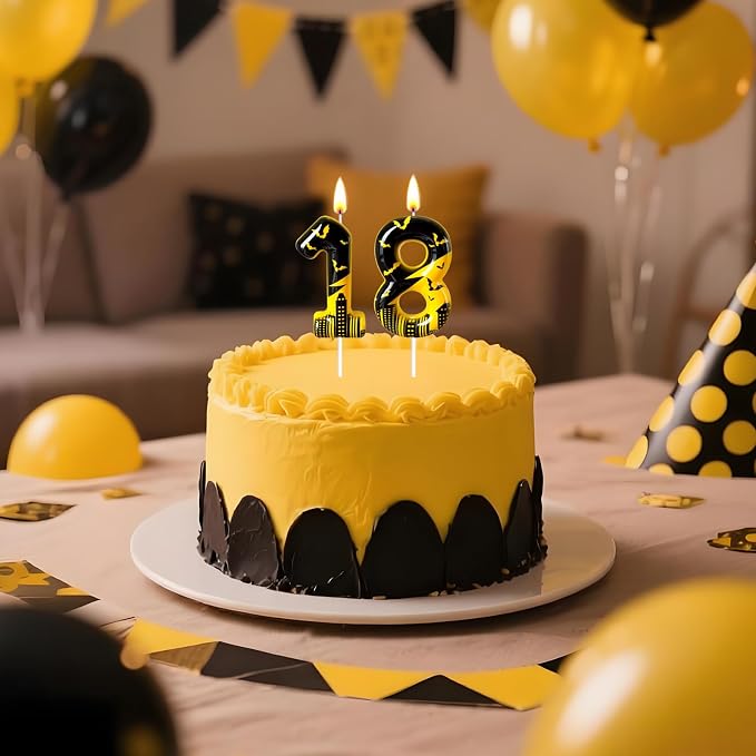 Black Yellow Number 8 Birthday Candle for Cake – Dark Night Hero Style with Bat & City Silhouette Design – Unique Cake Topper for Birthday, Anniversary, Themed Party Decoration
