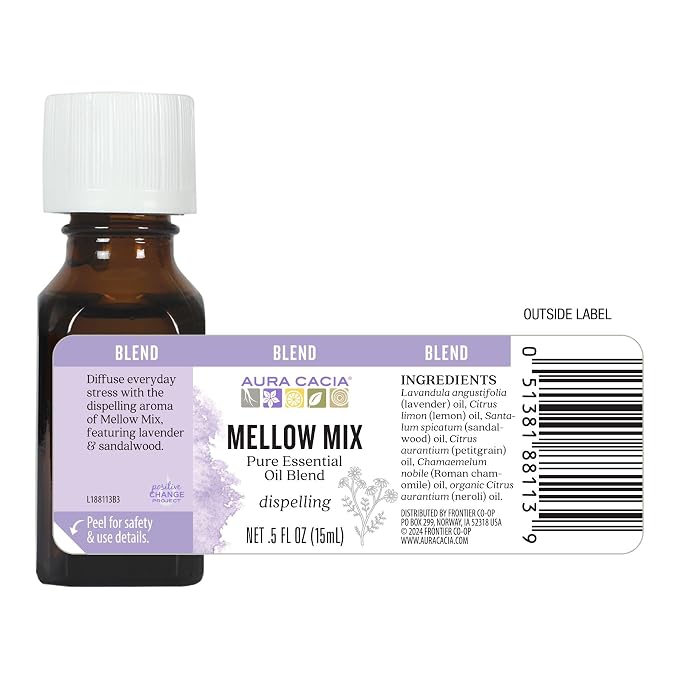 Aura Cacia Mellow Mix Essential Oil Blend | Lavender, Sandalwood, Lemon, Petitgrain, Roman Chamomile, Neroli - Calming Aromatherapy for Diffusion, Topical Use | 0.5 Fl Oz (Pack of 1)
