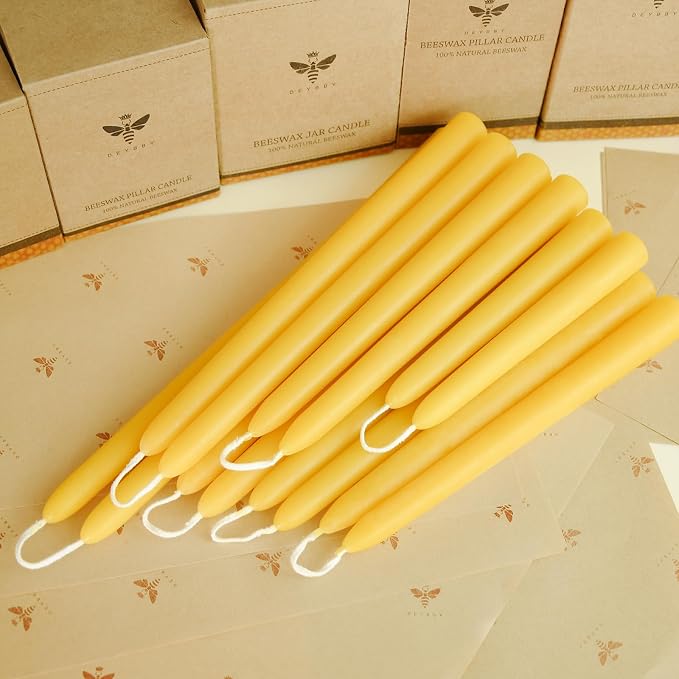 DEYBBY 12 inch Beeswax Taper Candles Gift Set of 12, Smokeless Dripless Pure Organic Beeswax Candles Bulk for Dinner Home Decor Emergency Housewarming Gift, 9-10 Hrs Burn Time