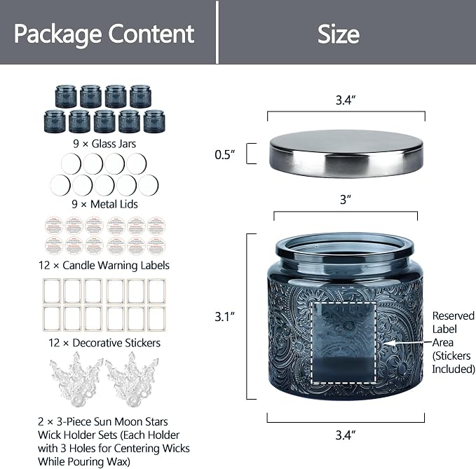 10 oz Gray Sun Moon Stars Candle Jars with Metal Lids, 9 Pack | Patented Embossed Design, Includes Wick Centering Devices & Warning Labels, Multiple Color Options