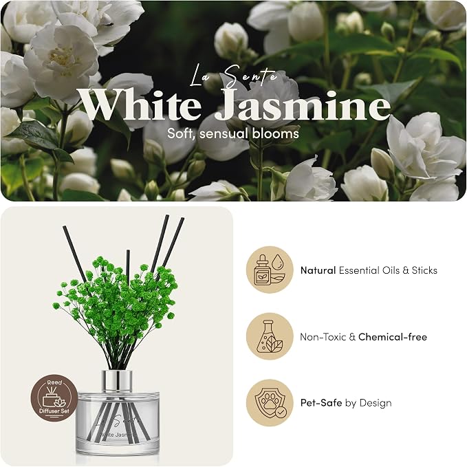 Reed Diffuser Set (6.7fl oz), Natural White Jasmine Essential Oil Fragrance with Glass Bottle, Black Rattan Sticks & Preserved Flowers, Up to 120 Days Lasting Fragrance for Home & Office