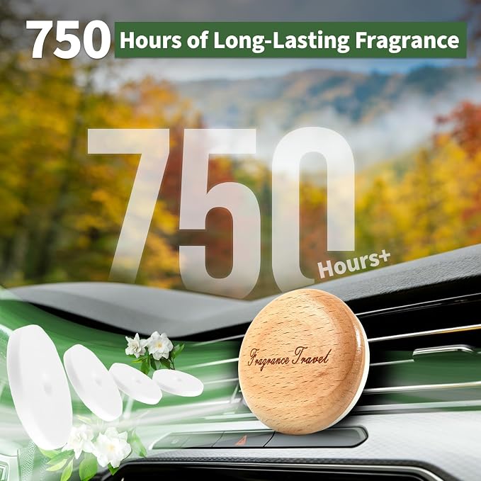 Wooden Car Air Freshener Vent Diffuser, Light Brown Beech Wood with Zinc Alloy Base, Refillable Essential Oil Compatible Car Vent Clip, Includes 4 Scented Pads, Long Lasting Natural Diffuser