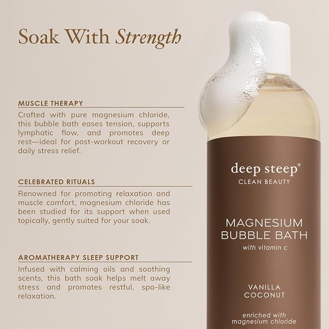 Deep Steep Magnesium Bubble Bath, 15.6 oz – Foaming Soak with Magnesium, Coconut Oil, Aloe, Vitamin C, Shea Butter & Argan Oil – Vegan, Clean Beauty for Stress & Sleep (Vanilla Coconut)