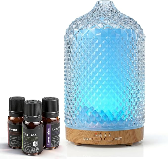 Diffuser with 3 Essential Oils,Glass Aroma Diffusers,200ml Small Humidifier for Bedroom with Timer,7 LED Color Lights,Auto Shut-Off Waterless Function for Office Home Room Decor Gifts for Women