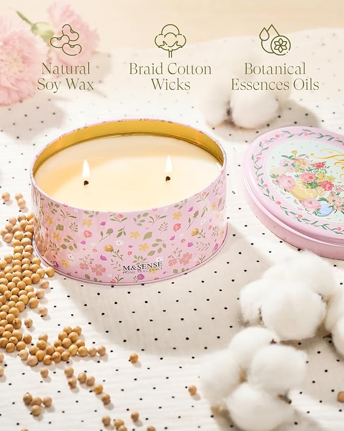 M&SENSE Dual-Wick Peony Scented Candle 12oz | 2 Wick Spring Soy Candles, Natural Soy Wax, Floral Scented, Gift for Her Women