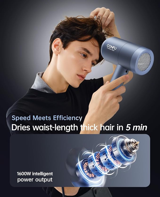 CONFU Hair Dryer with Diffuser, Hair Dryers for Women, Hairdryer with Diffuser Attachment, Blow Dryers for Men, Portable Lightweight Fast Drying Negative Ion Hairdryer for Home