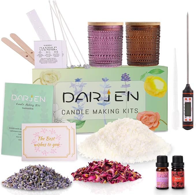 DARJEN Candle Making Kits for Beginners, DIY Starter Scented Candles Making Kit - 2 Glass Jars(Purple, Amber), Soy Wax, Scented, Card & More, Full Soy Candle Making Supplies Set Perfect Gifts