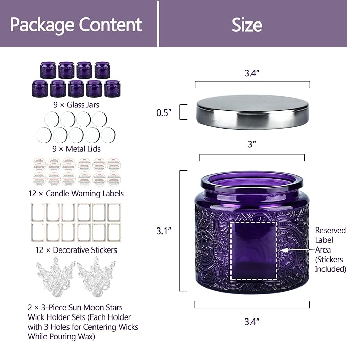 10 oz Purple Sun Moon Stars Candle Jars with Metal Lids, 9 Pack | Patented Embossed Design, Includes Wick Centering Devices & Warning Labels, Multiple Color Options