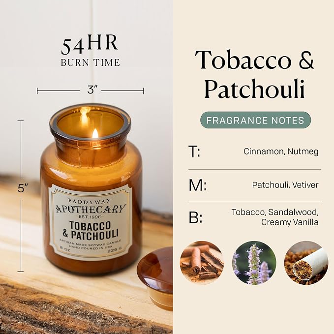 Paddywax Artisan Apothecary Scented Candle with Lid in Reusable Glass Jar, Clean-Burn Soy Candle with Approx. 54 Hour Burn Time, Tobacco & Patchouli, 8 oz.