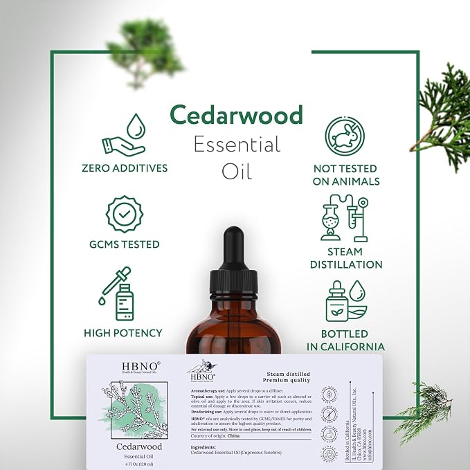 HBNO Cedarwood Essential Oil - Huge 4 oz (120ml) Value Size - Natural Cedarwood Oil - Perfect for Cleaning, Aromatherapy, DIY, Soap & Diffuser