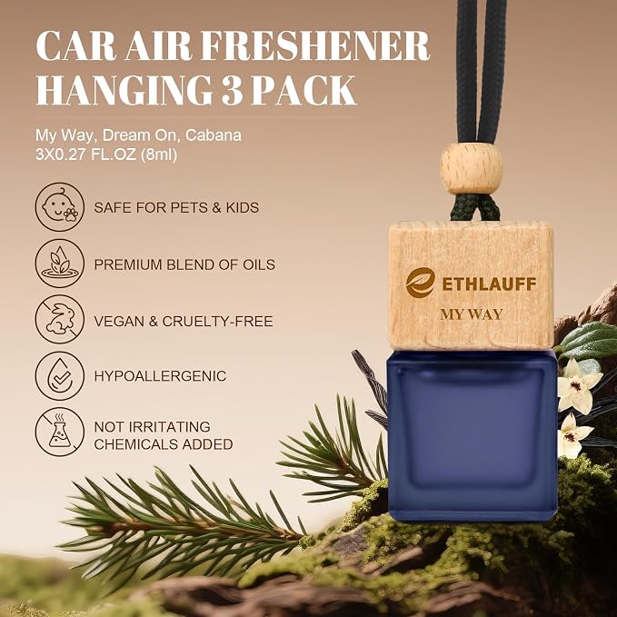Car Air Freshener 3 Pack - 1 Way, Dream On, Cabana Hotel Collection Diffuser Oil Inspired The One Hotel, Car Fresheners for Women & Men, 45+ days Long Lasting, 0.27 FL OZ/8ML
