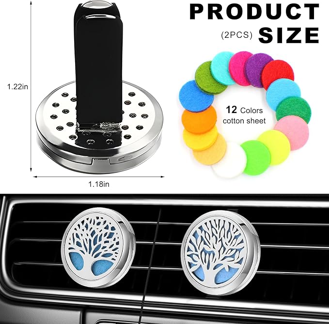 KVAEY 2PCS 30mm Car Diffuser Vent Clips, Tree of Life Aromatherapy Essential Oil Diffuser Locket with 12 Felt Pads, Stainless Steel Car Diffuser Locket Air Freshener (Style 3)