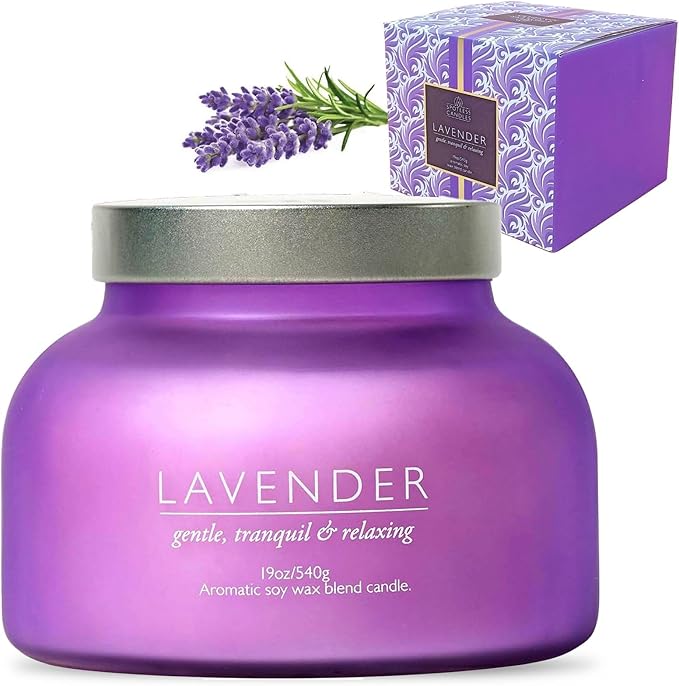 Lavender Candle 19oz Volcano Jar with Wooden Wick Upto 75 Hours Burn Time in a Large 4" x 5" Solid Purple Glass Jar in a Luxury Gold Foil Gift Box