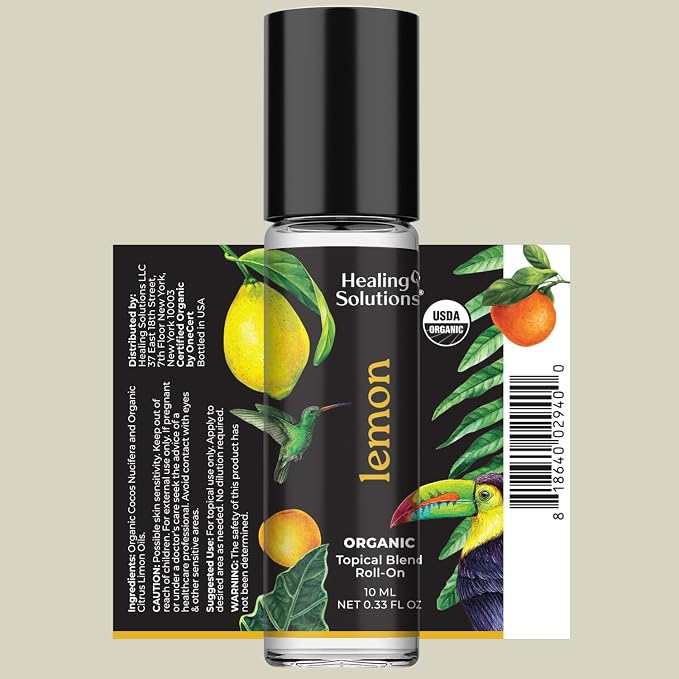 Healing Solutions - (2 Pack) Lemon Essential Oil Organic Roll On Set USDA Certified Perfume, Skin, Face, Body
