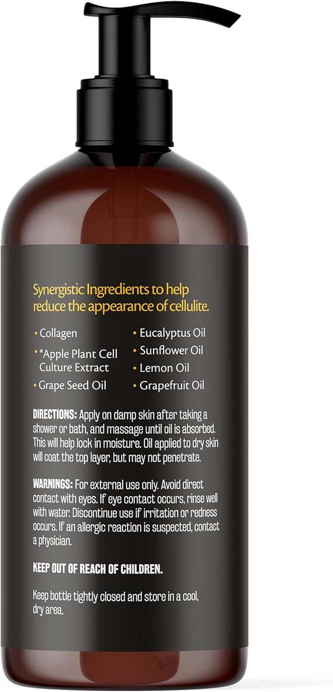 Anti Cellulite Massage Oil and Silicone Body Brush – Collagen and Stem Cell Skin Tightening Formula for Smoothing and Firming, 8 fl oz by M3