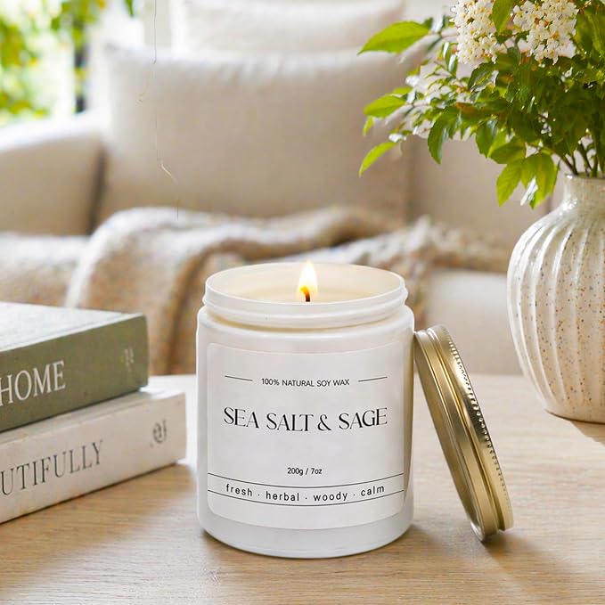 Sea Salt & Sage Candle - Summer Scented Soy Candles for Home - Coastal Decor for Beach Lovers, 7oz Soy Wax, 40 Hour Burn Time, Beach, Living Room, Bathroom