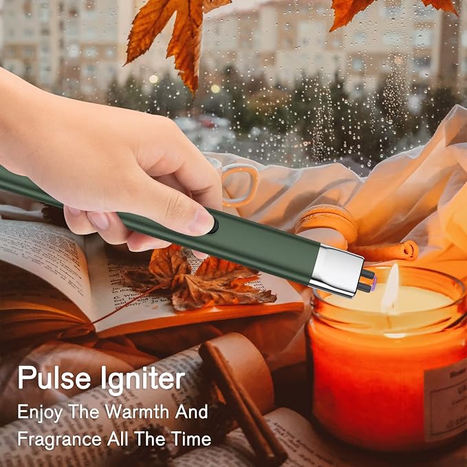 REIDEA Lighter R1 Electronic Candle Lighter, Windproof Flameless USB Rechargeable Flat Arc with Safe Button and Power Indicator for Candle, BBQ and Fireworks, Pine Green