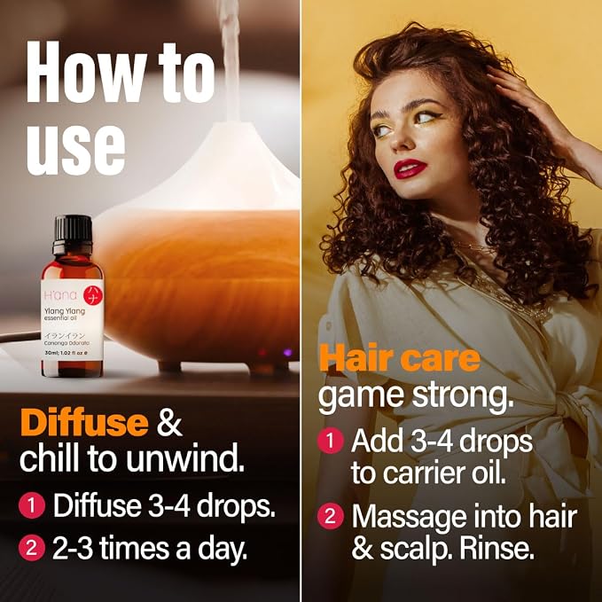 H'ana Ylang Ylang Oil - 1.02 Fl Oz Ylang Ylang Essential Oil for Hair, Skin, Diffuser, Aromatherapy & DIY