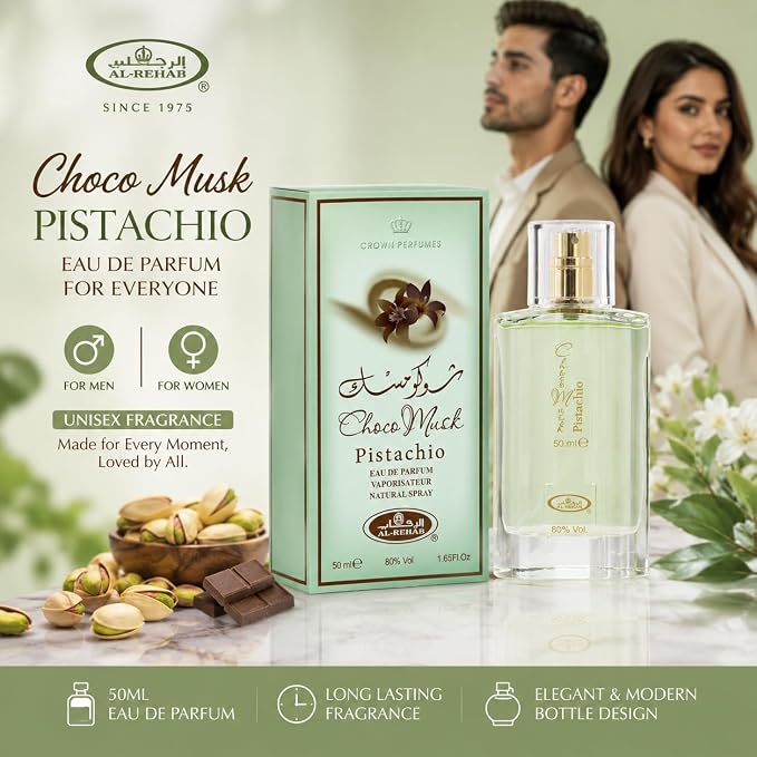 Al Rehab Choco Musk Pistachio Eau de Parfum Spray for Unisex, 1.65 Ounce / 50 ml