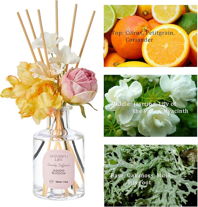 Flowers Reéd Diffuser for Girls Room Decor, 6.7oz with 9 Sticks, Jasmine Blossom Scent Diffusers for Home, Scentsy Home Fragrance, Scented Oils, Home & Bathroom Décor
